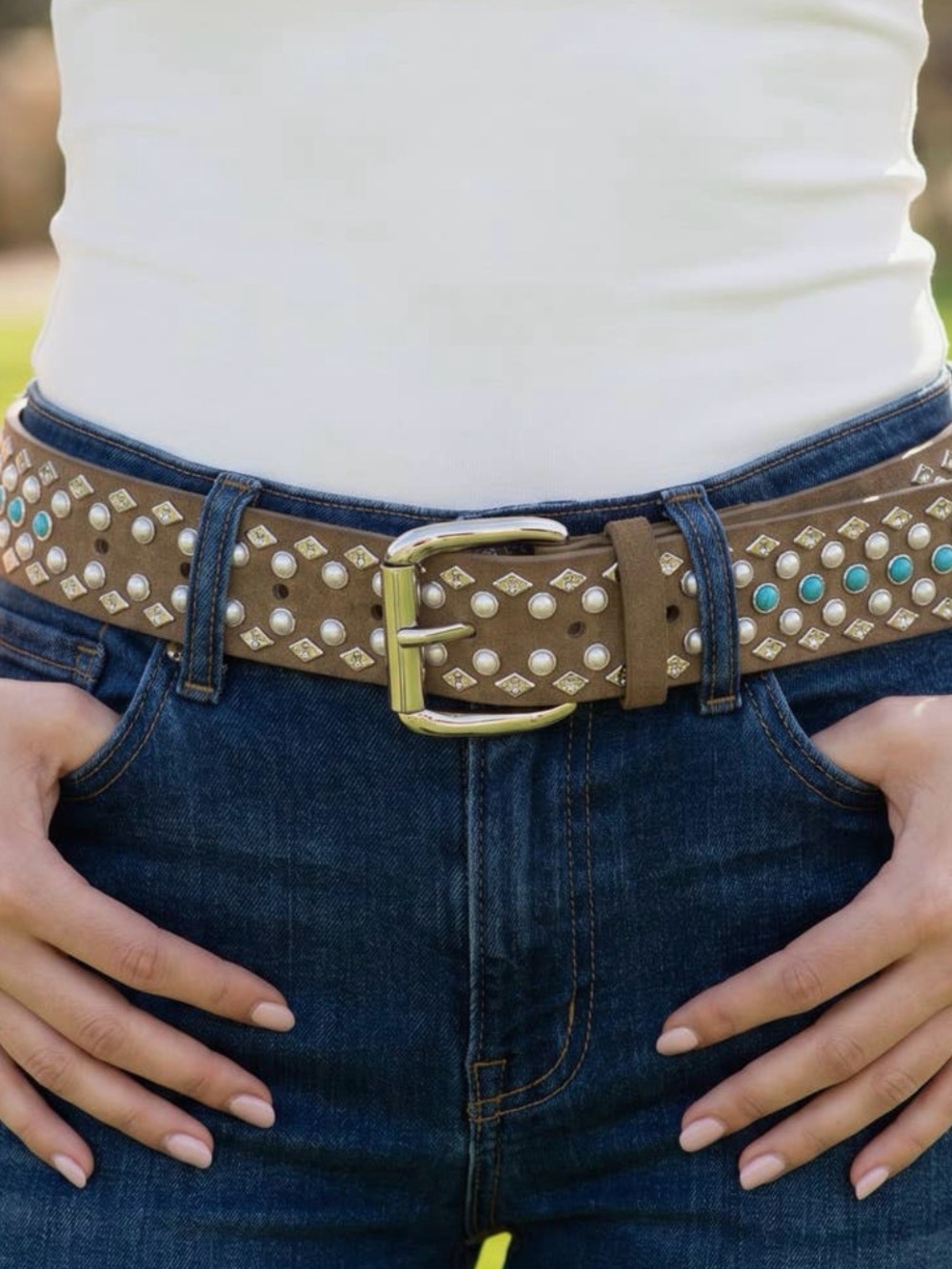 Brown Turquoise & Pearl Studded Western Belt